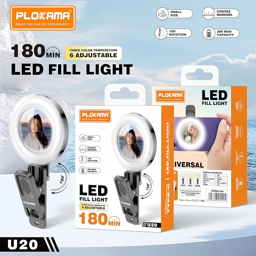 PLOKAMA LED Mini avec Mirror Clip Selfie Ring Light U20