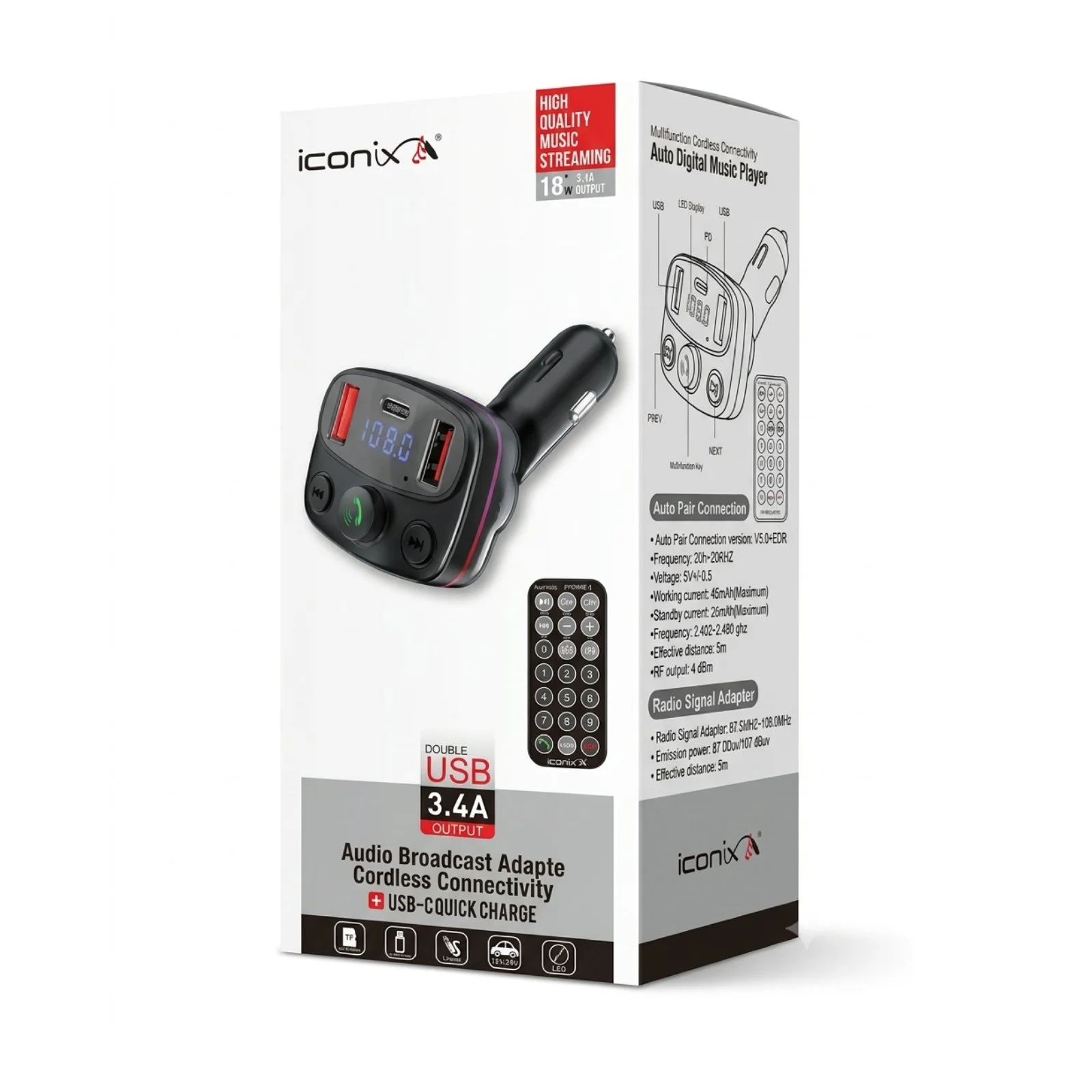transmetteur FM Bluetooth et chargeur de voiture ICONIX I-CM192/2 avec une télécommande – Image 2